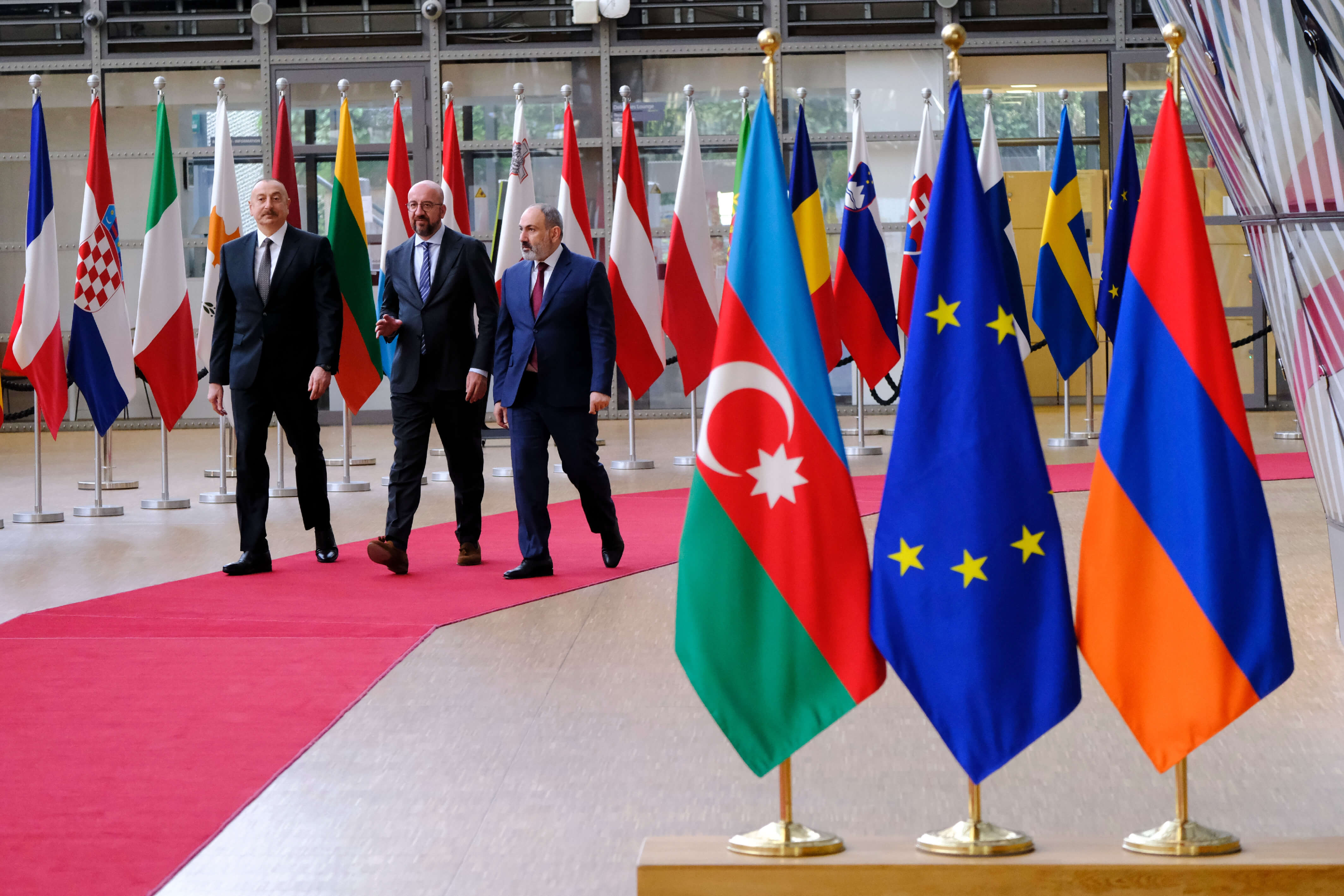 Azerbaijani President Ilham Aliyev, EU Council President Charles Michel and Armenian Prime Minister Nikol Pashinyan
